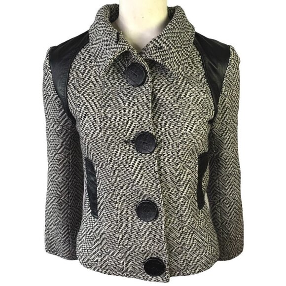 SICILY CLOTHING CO. WOOL COAT BLACK AND WHITE WINTER JACKET LEATHER TRIM SIZE XS - Picture 13 of 13